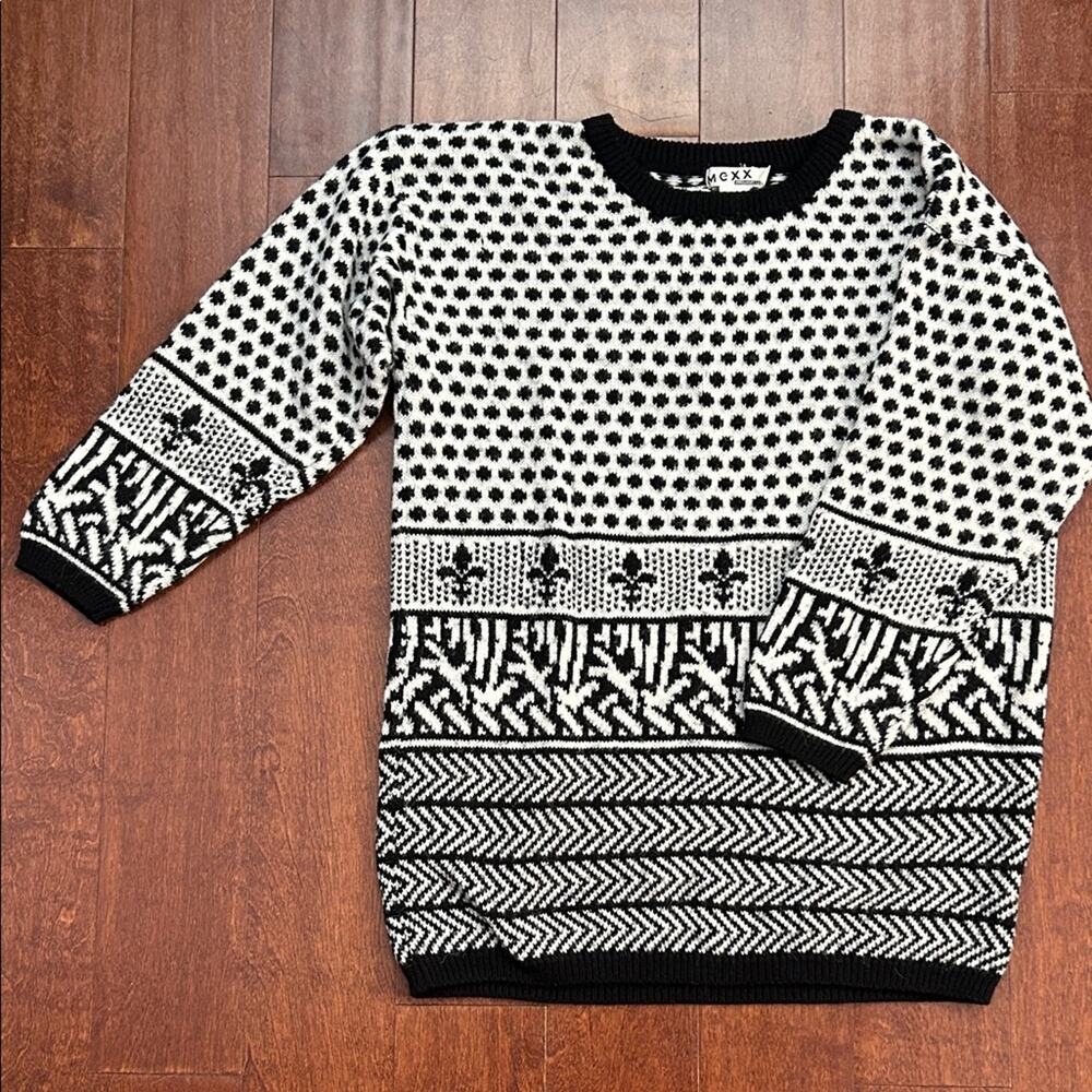 Vintage Mexx Fleur-De-Lis Patterned Crewneck Oversized Tunic Sweater, Size Small